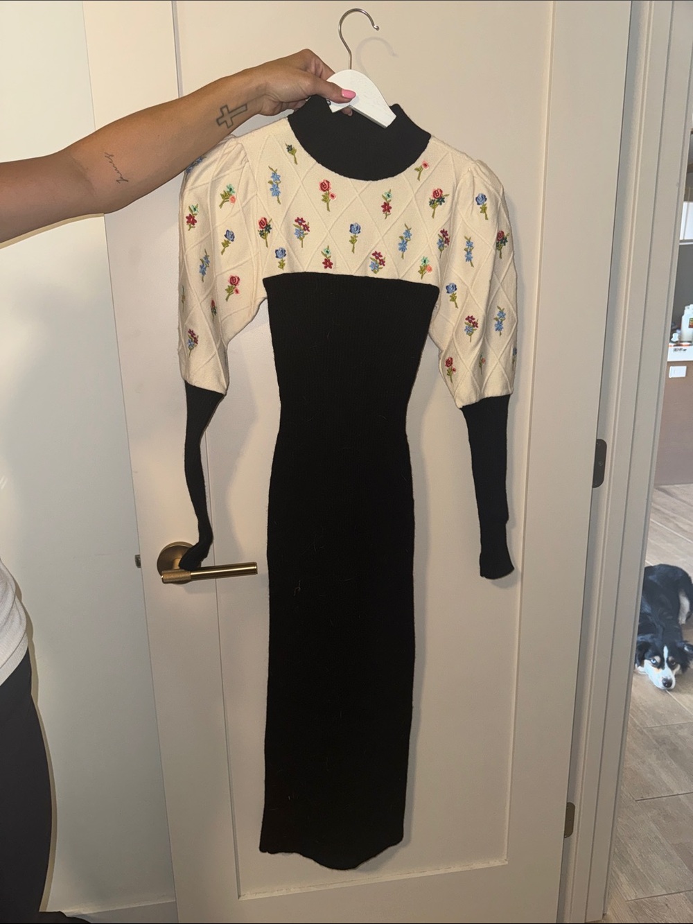 Maeve Black and Cream Embroidered Yoke Knit Midi Dress